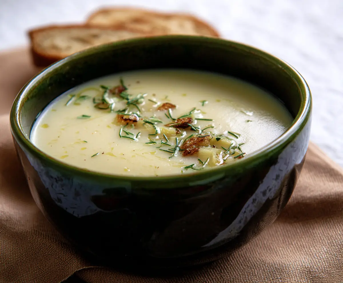 Creamy roasted garlic potato leek soup served in a bowl, garnished with fresh herbs.