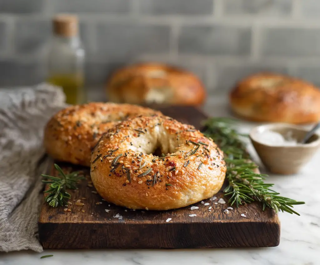 Freshly baked rosemary bagels with a golden crust on a rustic wooden surface.