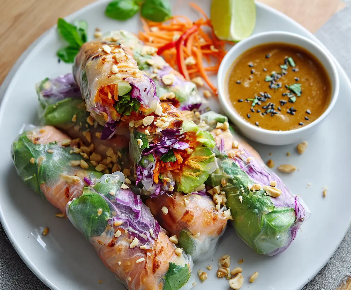 Fresh salmon spring rolls with colorful vegetables served with creamy peanut sauce, perfect for a healthy appetizer.