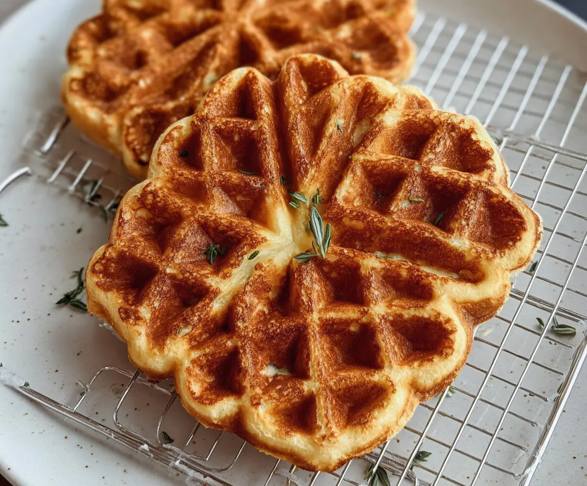 Delicious savory sourdough cheese waffles made with discard, crispy and golden brown.