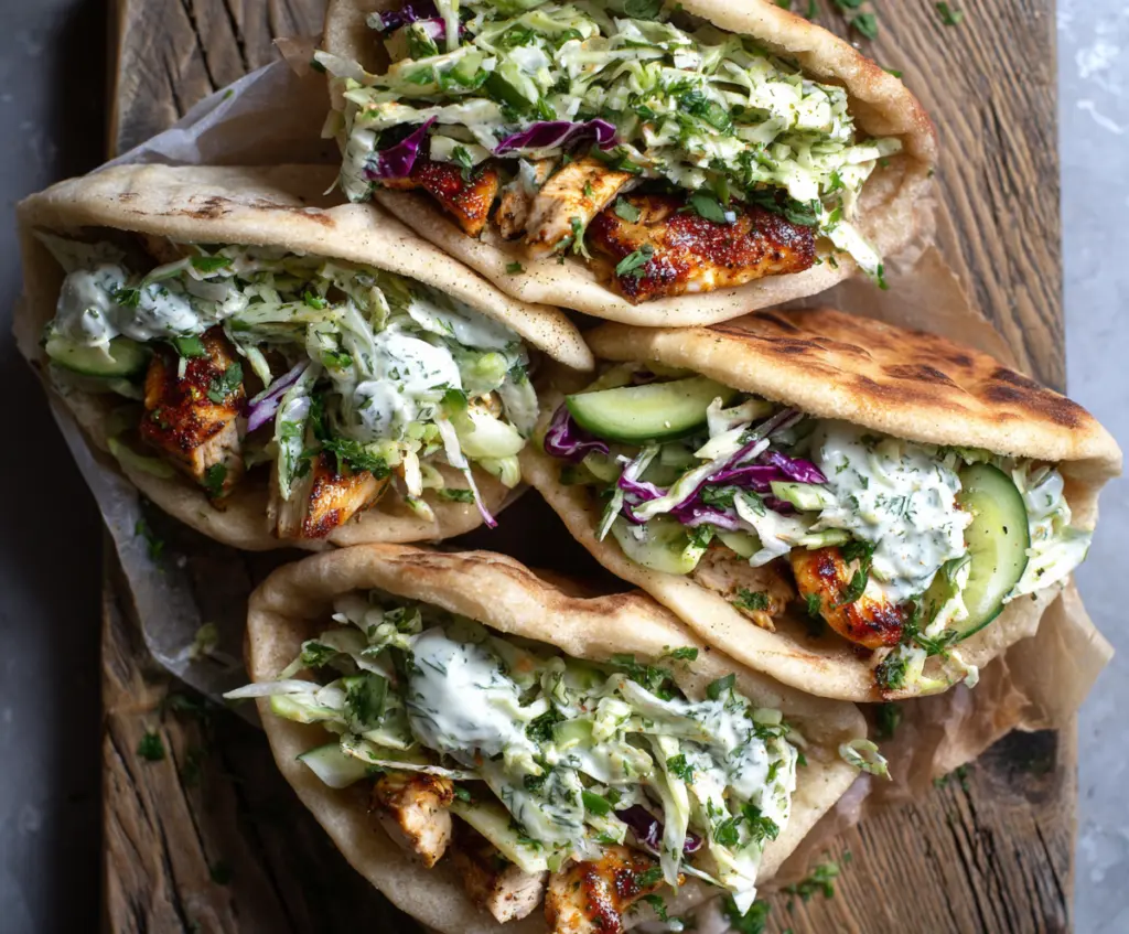 Delicious sheet pan chicken pitas topped with fresh herb ranch slaw ready for serving.
