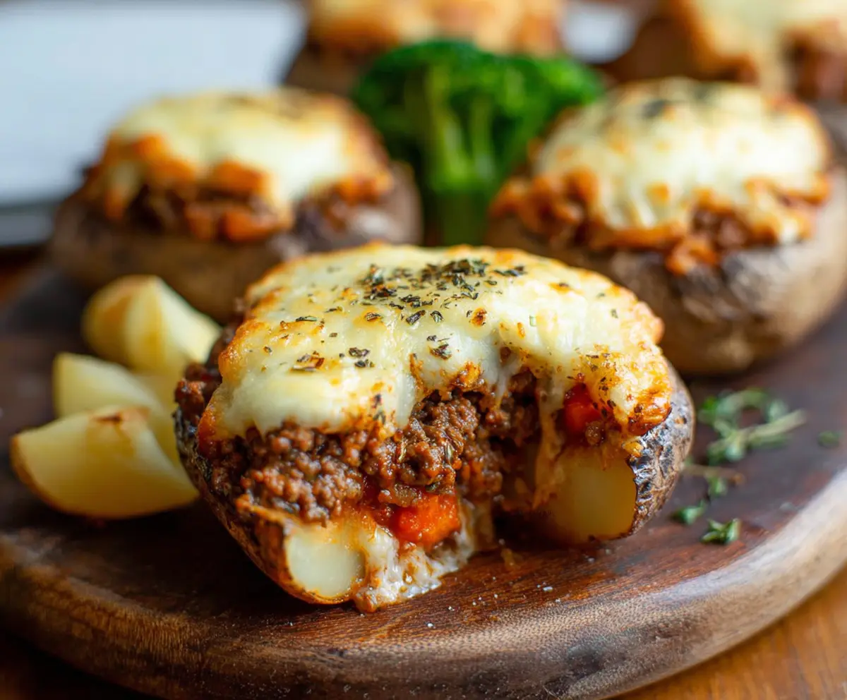 Delicious Shepherd's Pie Baked Potatoes topped with melted cheese and fresh herbs.