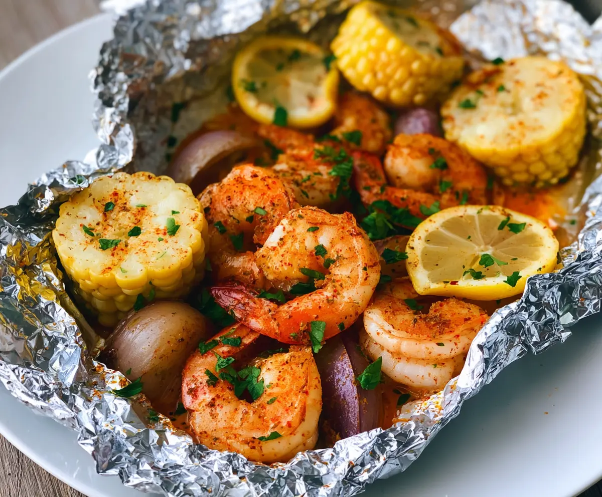 Delicious shrimp foil packet baking in the oven, ready to serve with fresh herbs and lemon.