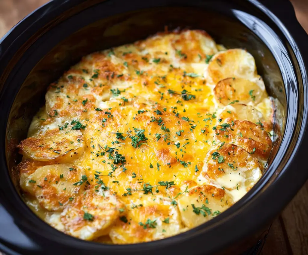Creamy slow cooker scalloped potatoes with cheese and herbs, baked to perfection.