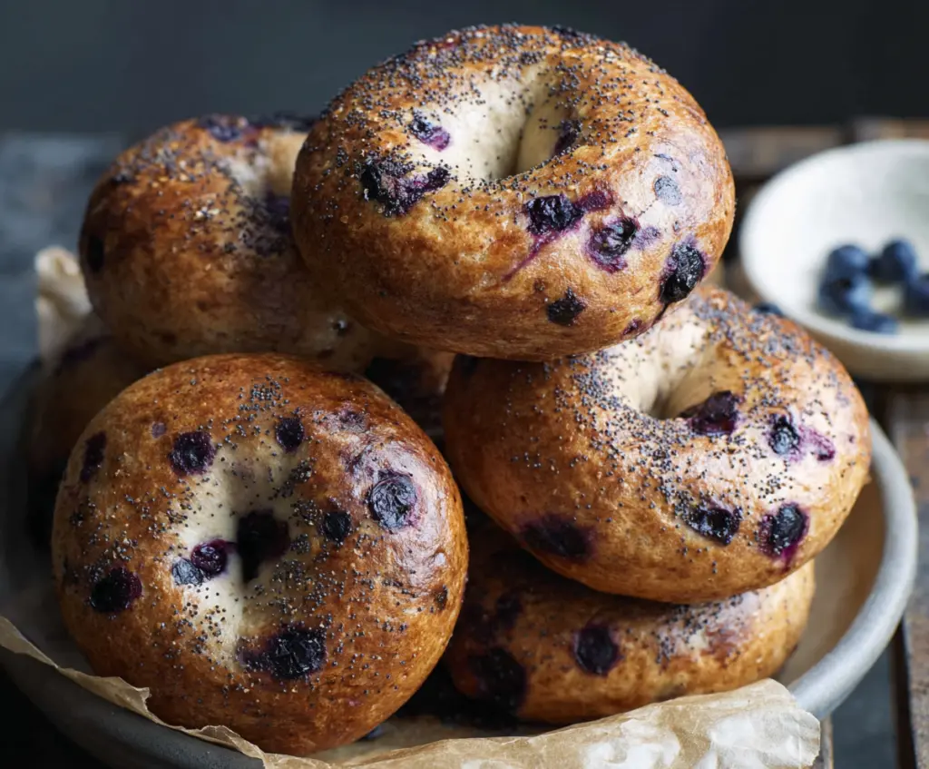 Freshly baked sourdough blueberry bagels on a rustic wooden board, showcasing a golden crust and vibrant blueberries.