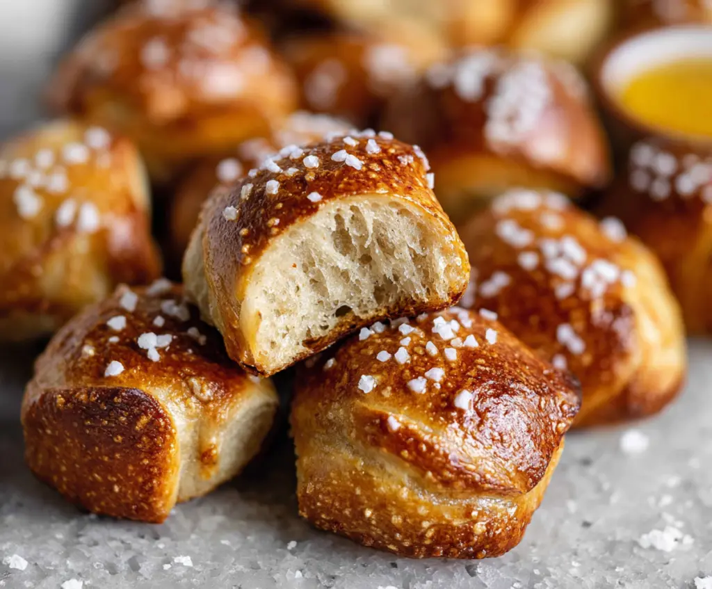 Delicious sourdough discard pretzel bites on a wooden platter, ready to enjoy.