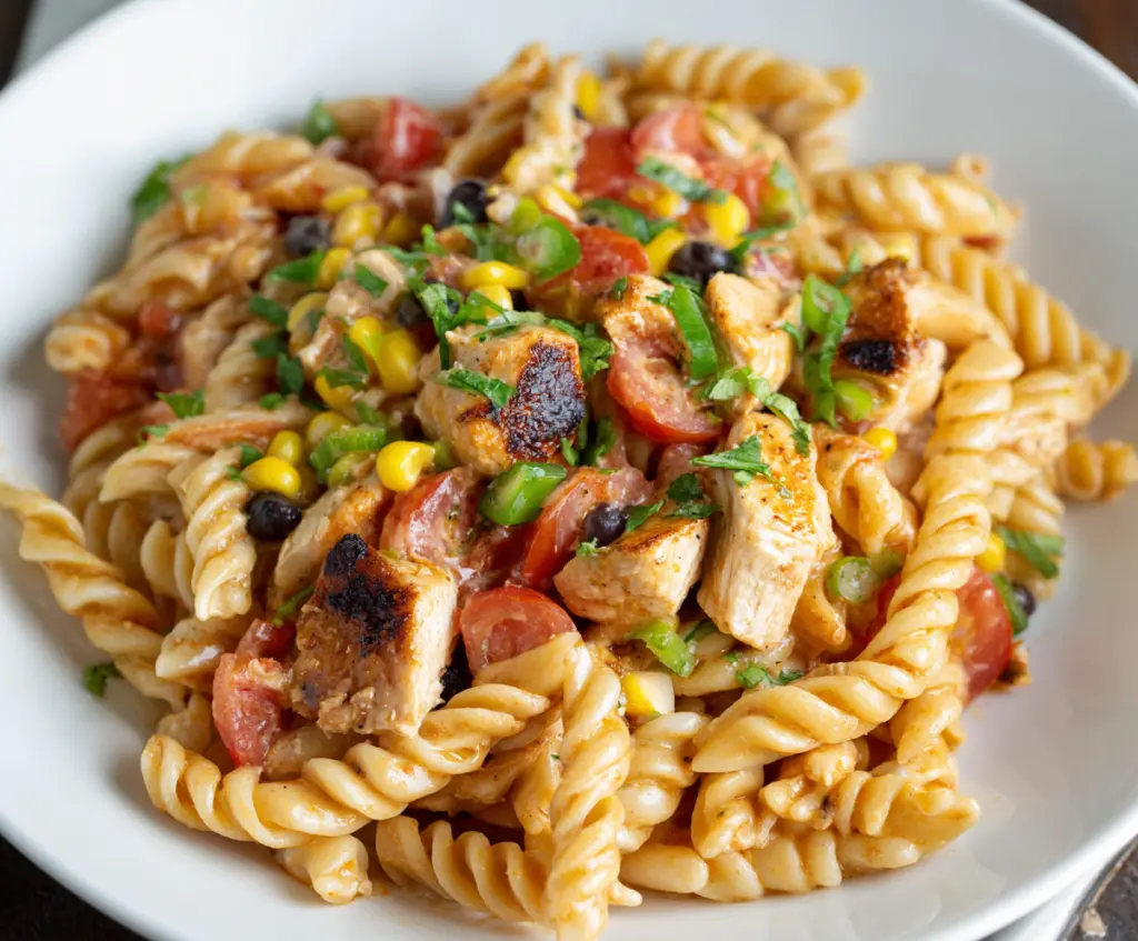 Delicious Southwest Chicken Pasta with colorful vegetables and creamy sauce
