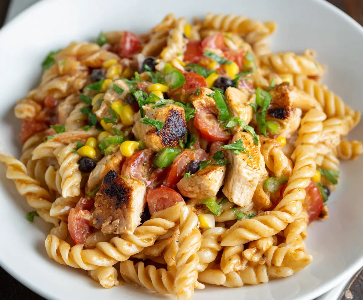 Delicious Southwest Chicken Pasta with colorful vegetables and creamy sauce