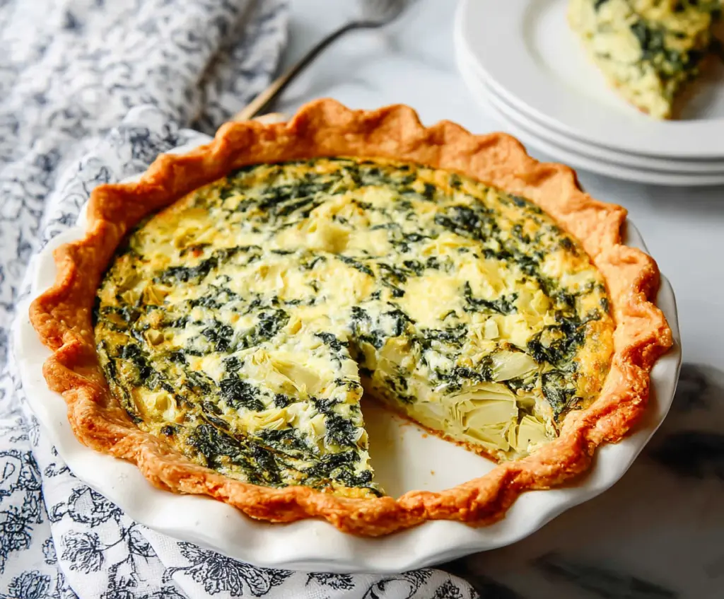 Delicious spinach artichoke quiche with a golden crust and creamy filling, perfect for brunch.