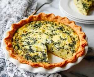 Delicious spinach artichoke quiche with a golden crust and creamy filling, perfect for brunch.