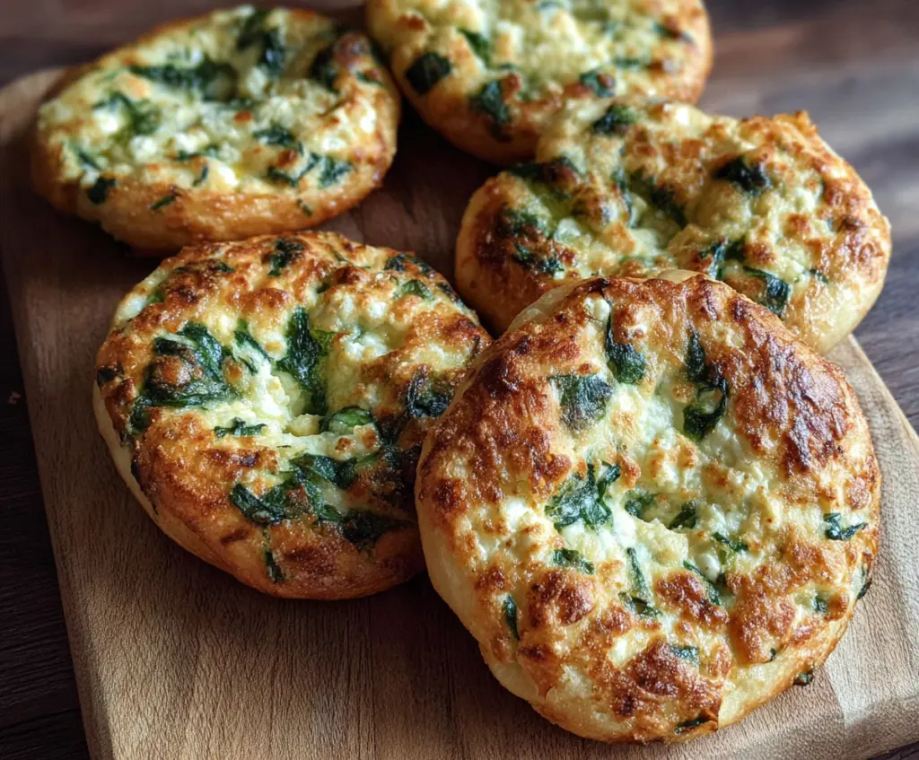 Delicious spinach and cottage cheese flat bagels on a wooden board, ready to serve.