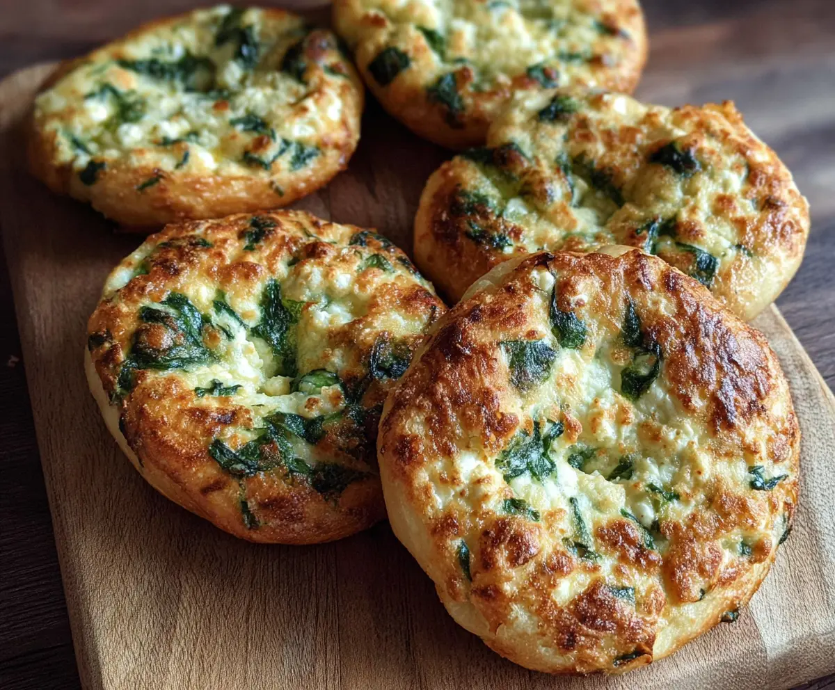Delicious spinach and cottage cheese flat bagels on a wooden board, ready to serve.