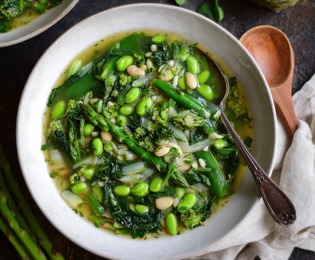 Hearty Spring Green Minestrone Soup with fresh vegetables and herbs in a bowl.