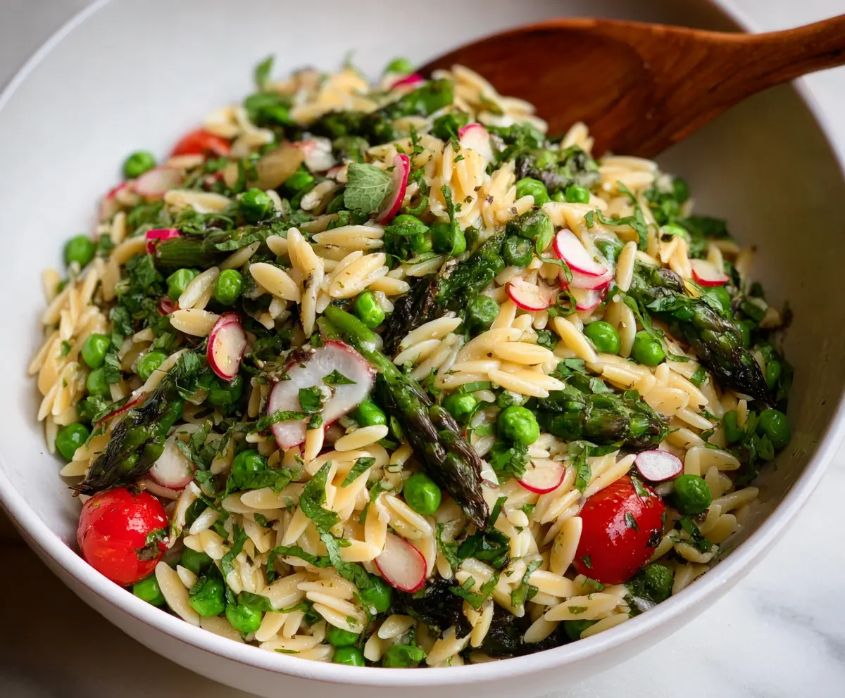 Fresh Spring Orzo Pasta Salad with colorful vegetables and herbs