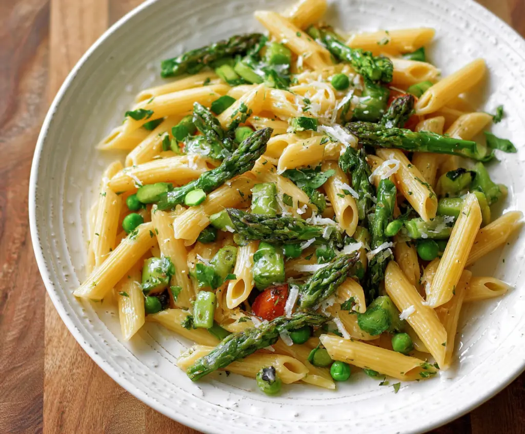 Colorful spring vegetable pasta with fresh carrots, peas, and asparagus in a savory sauce.