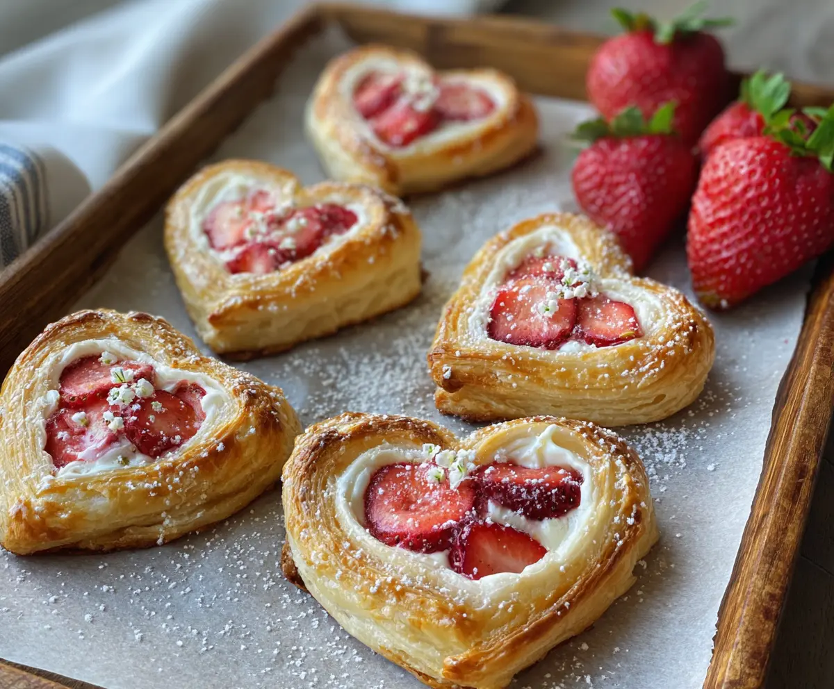 Delicious strawberry Danish hearts with flaky pastry and fresh strawberry filling.