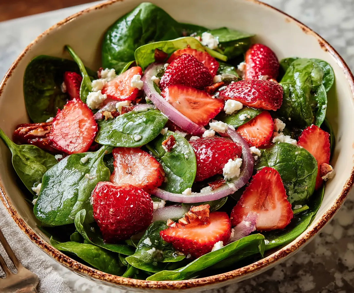 Fresh strawberry spinach salad with feta cheese and balsamic glaze, vibrant and healthy appetizer.