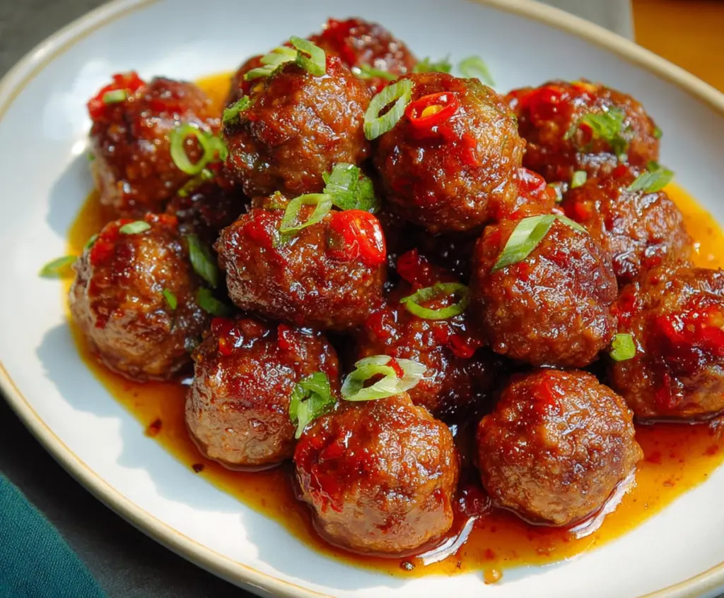 Delicious sweet and spicy homemade meatballs served on a plate with sauce and herbs.