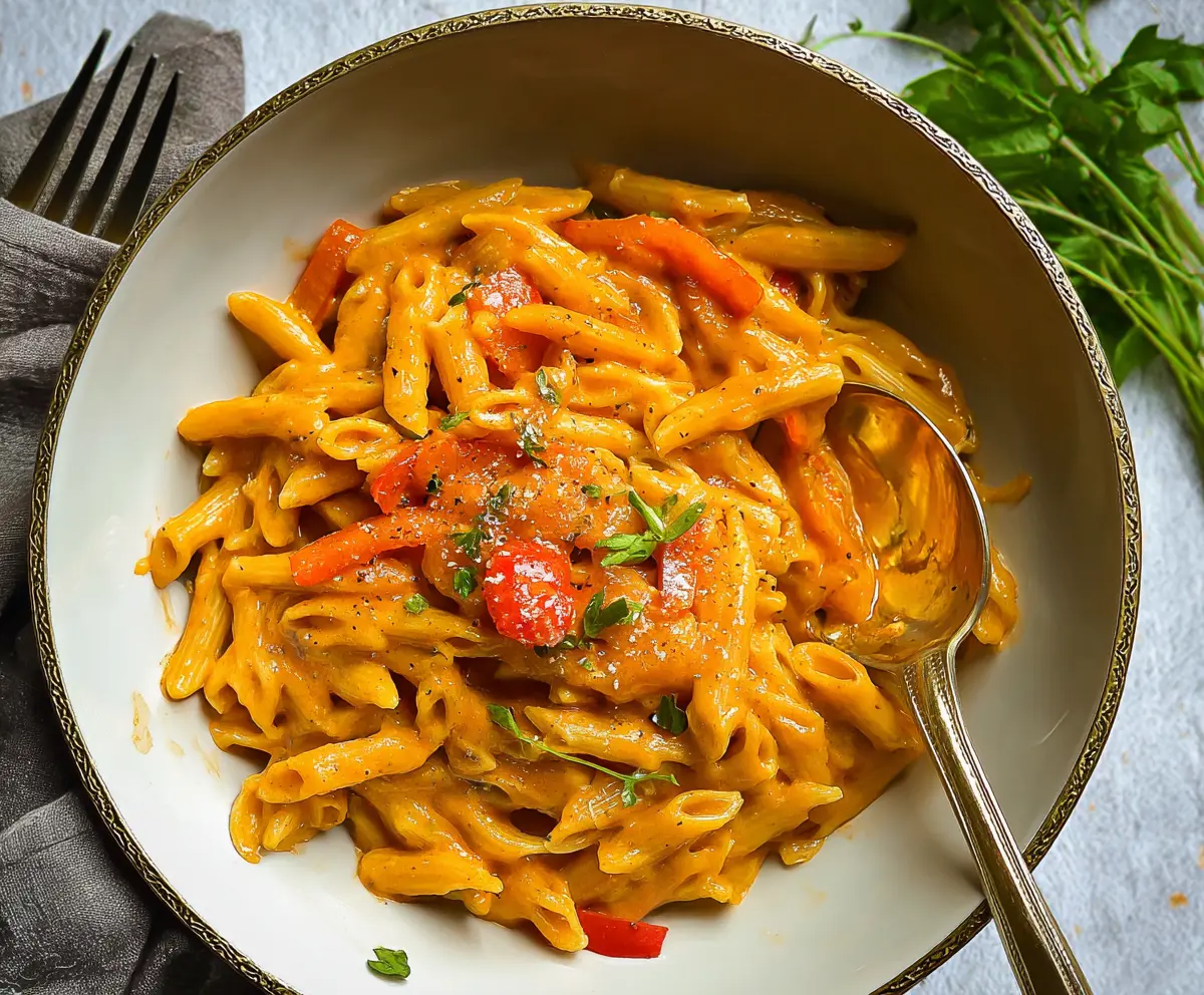 Colorful sweet pepper pasta dish with vibrant red, yellow, and green peppers garnished with fresh herbs.
