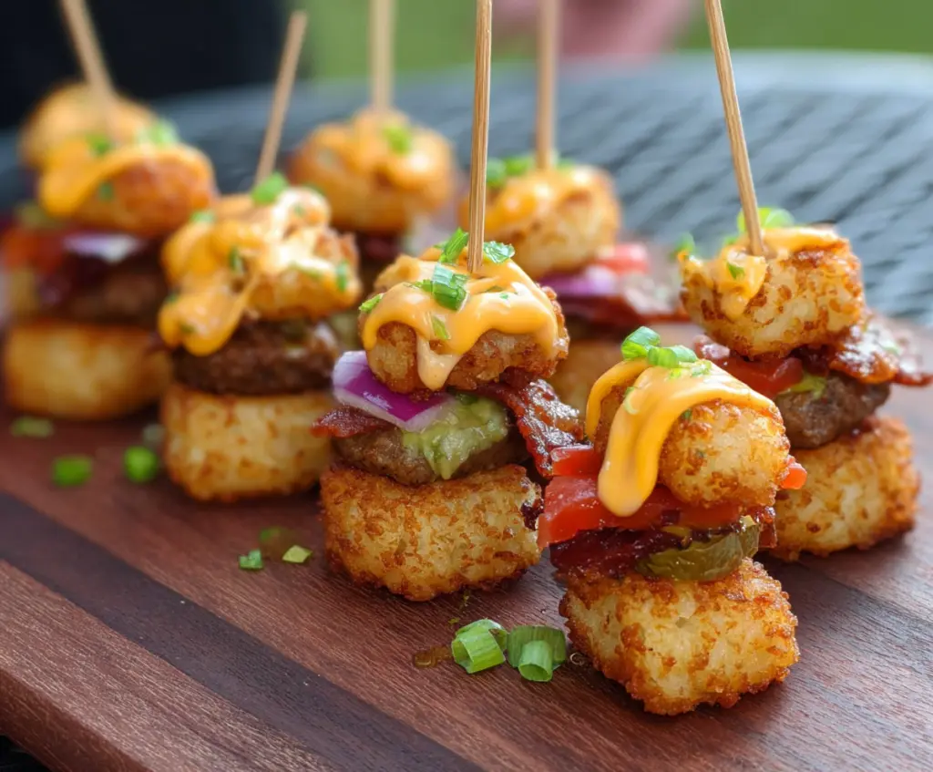 Delicious Tater Tot Mini Cheeseburger Bites served with melted cheese and fresh toppings.