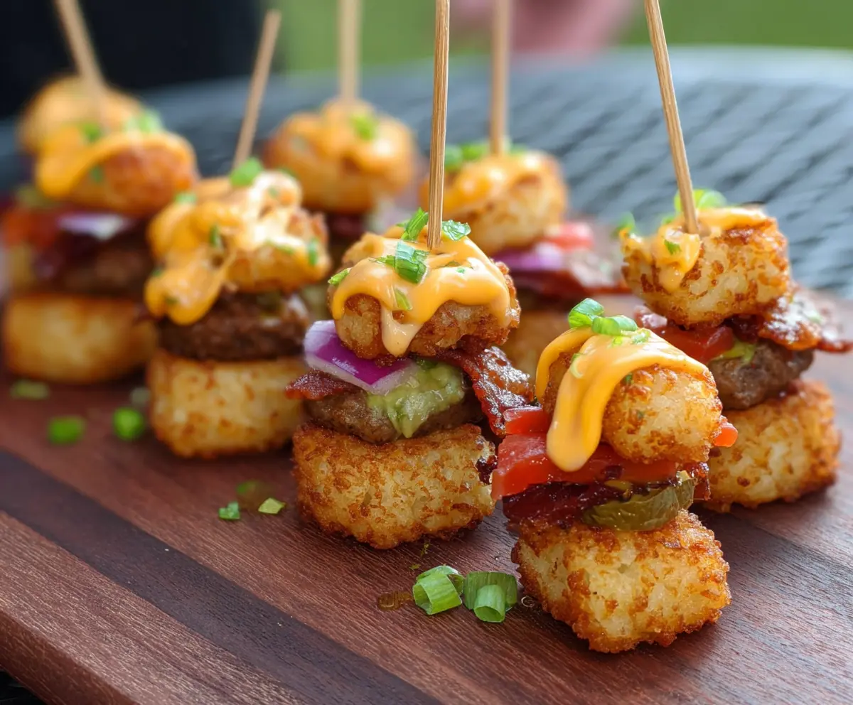 Delicious Tater Tot Mini Cheeseburger Bites served with melted cheese and fresh toppings.