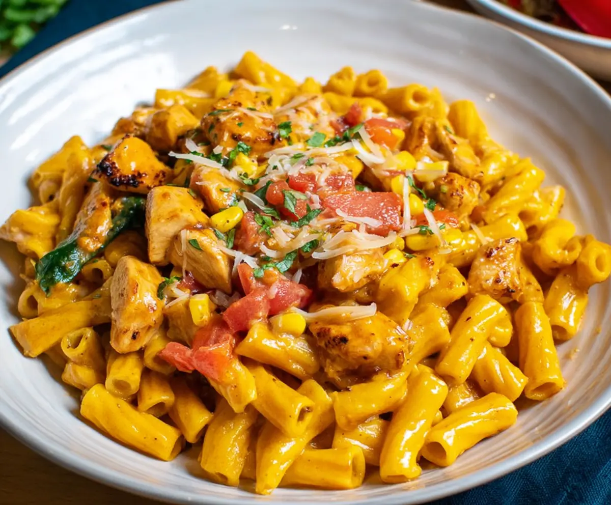 Creamy Tex Mex Chicken Pasta with colorful bell peppers and melted cheese on a serving plate.
