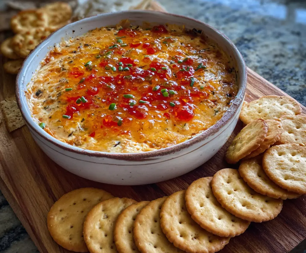 Delicious Pepper Jelly Cheese Dip served with crackers and fresh vegetables.