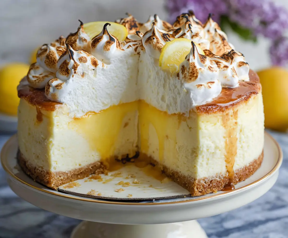 Delicious Triple Lemon Meringue Cheesecake with a golden crust and fluffy meringue topping.