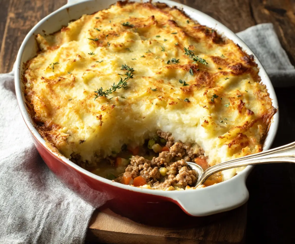 Delicious Turkey Shepherd's Pie with mashed potato topping and savory filling in a baking dish.