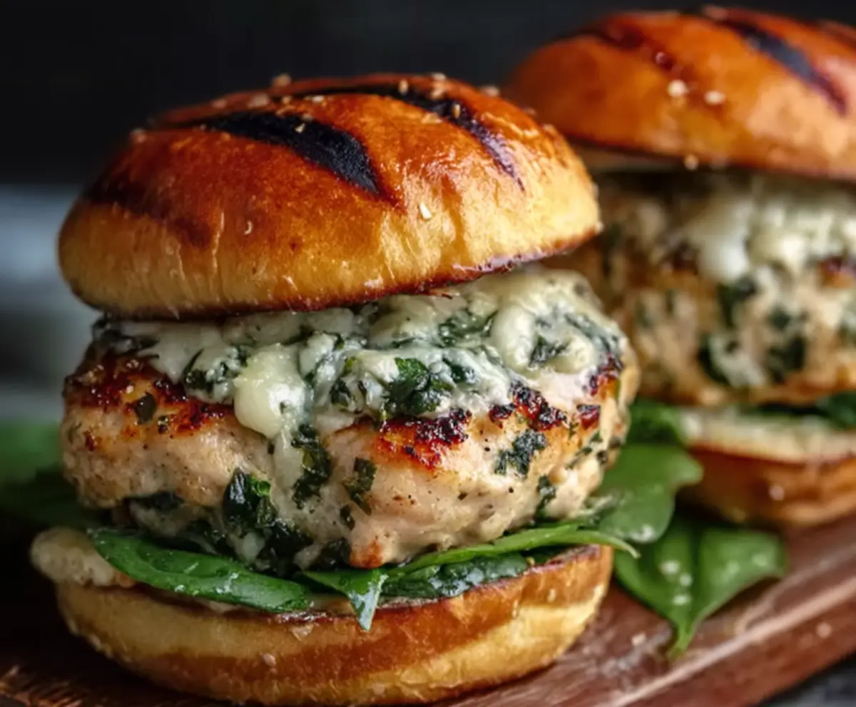 Delicious White Cheddar Spinach Chicken Burgers served with fresh vegetables