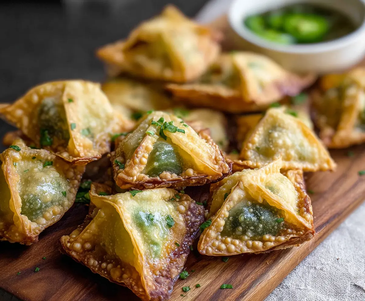 Crunchy Wonton Jalapeño Poppers with melted cheese and spicy jalapeños inside.