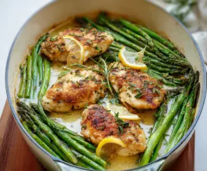 Delicious baked chicken served with fresh asparagus spears on a white plate.