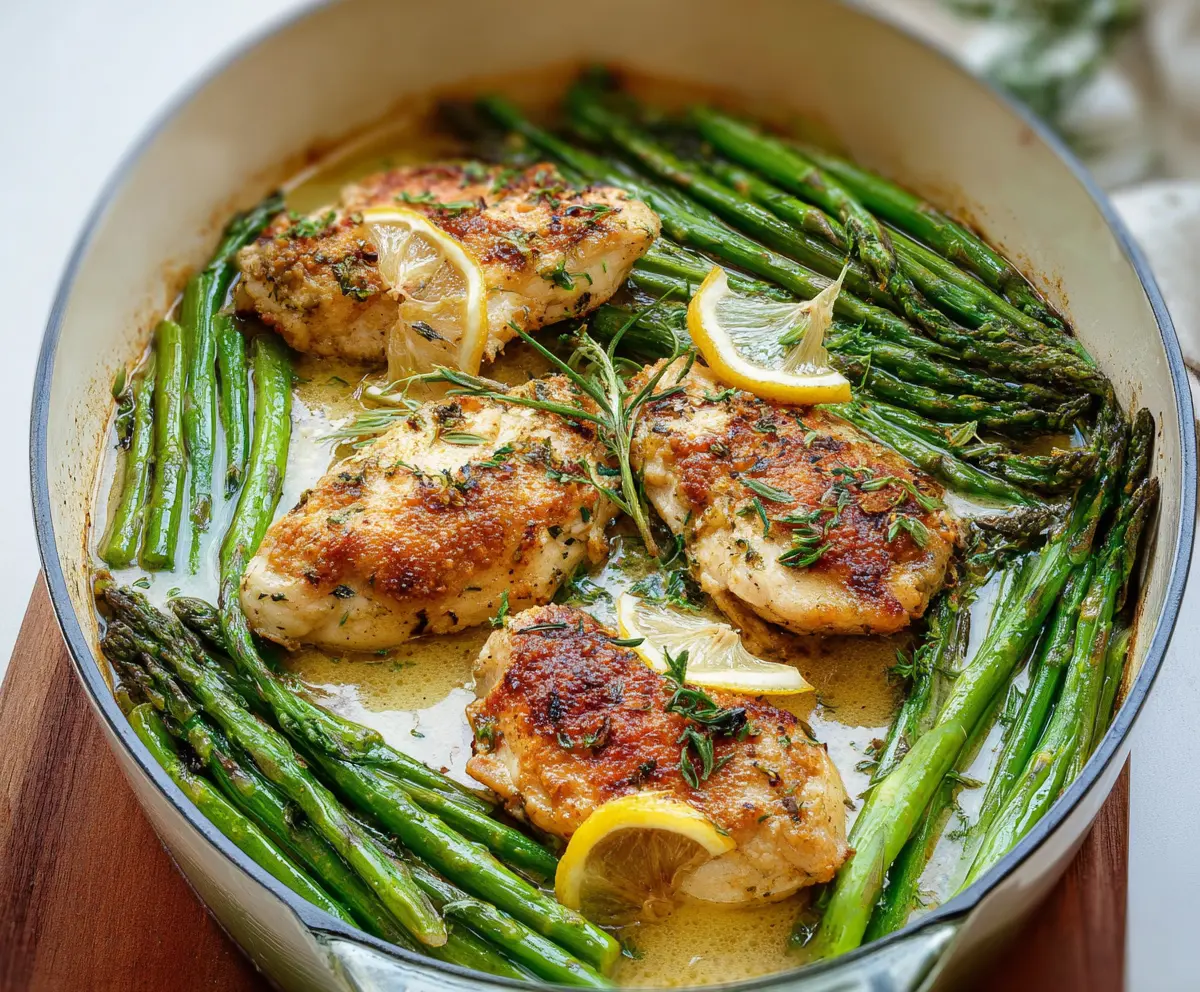 Delicious baked chicken served with fresh asparagus spears on a white plate.
