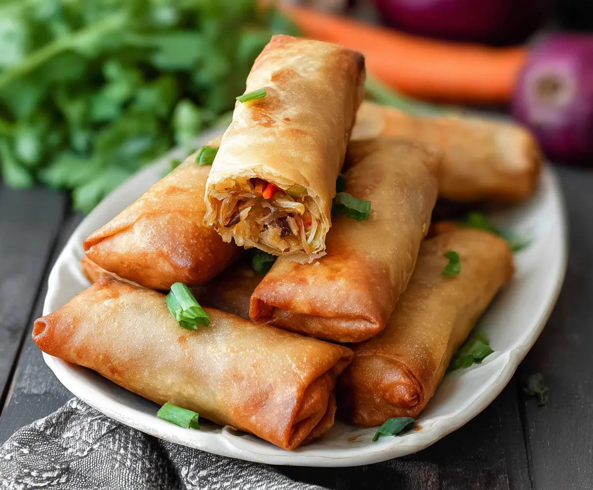 Crispy baked Chinese vegetable spring rolls on a white plate, served with dipping sauce