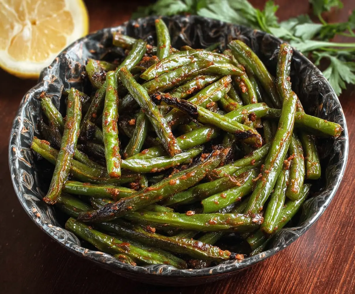 Delicious blackened green beans seasoned with spices and served as a healthy side dish.
