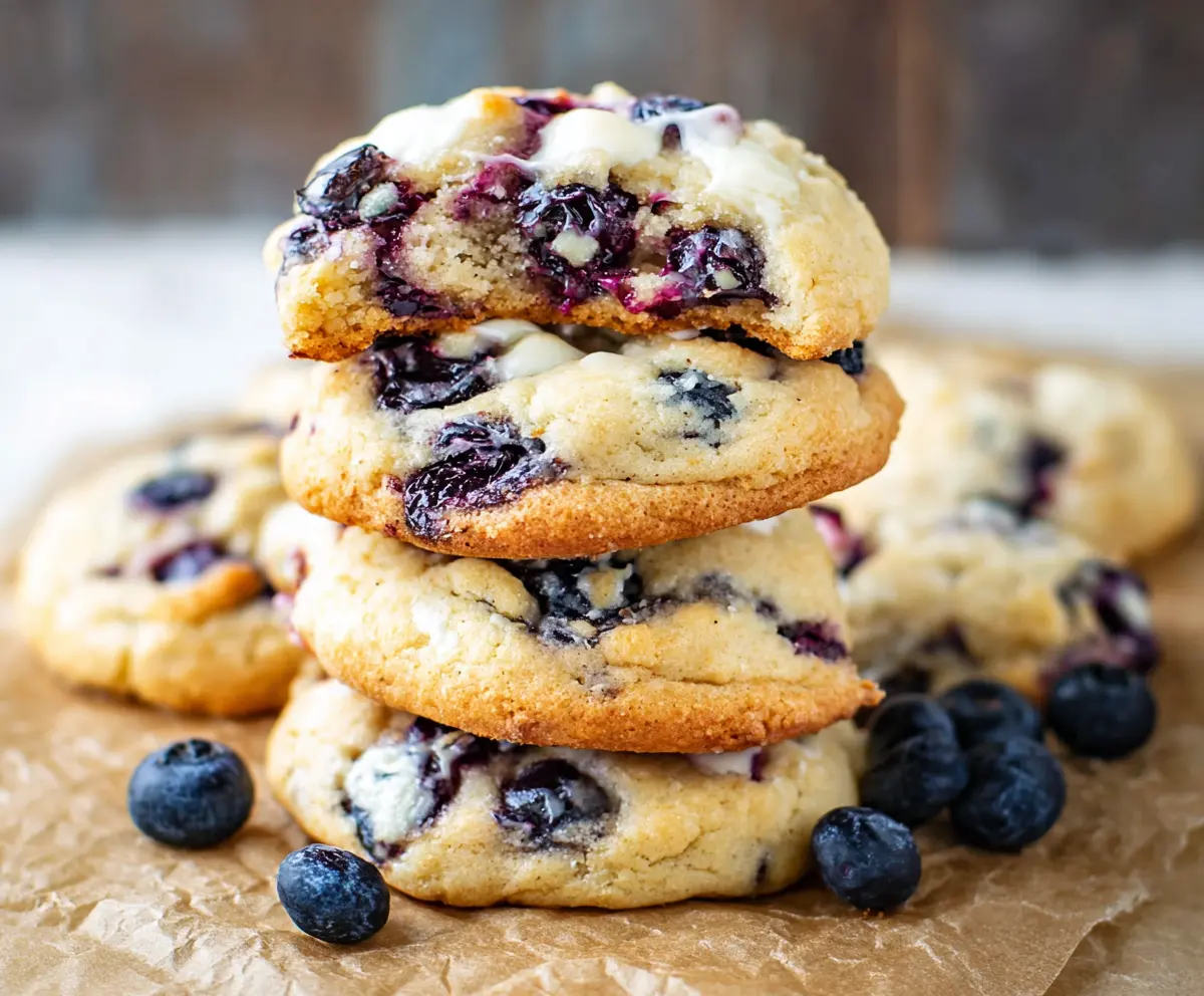 Delicious blueberry cheesecake cookies with a creamy topping and fresh blueberries.