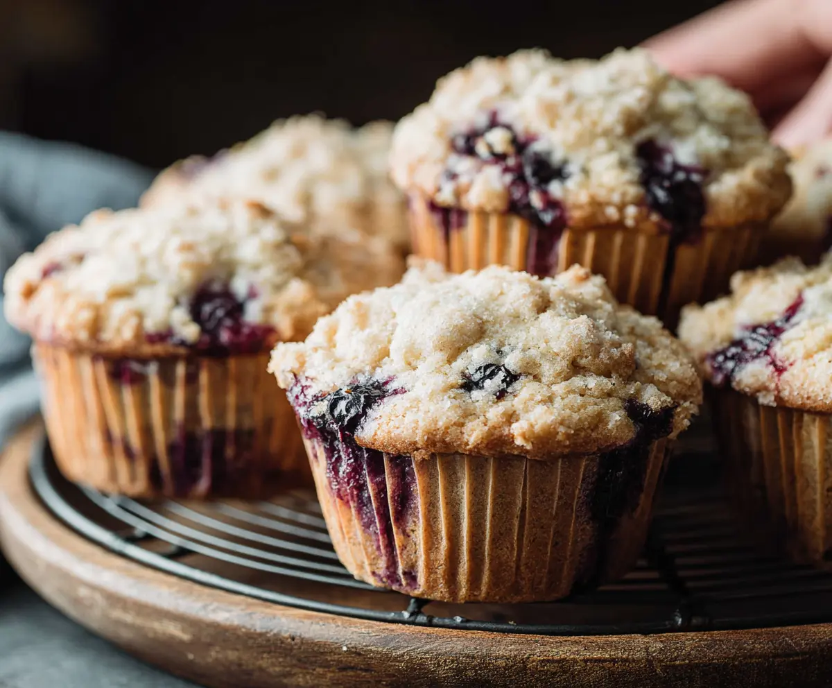 Delicious homemade blueberry sourdough muffins with fresh blueberries and a golden crust.