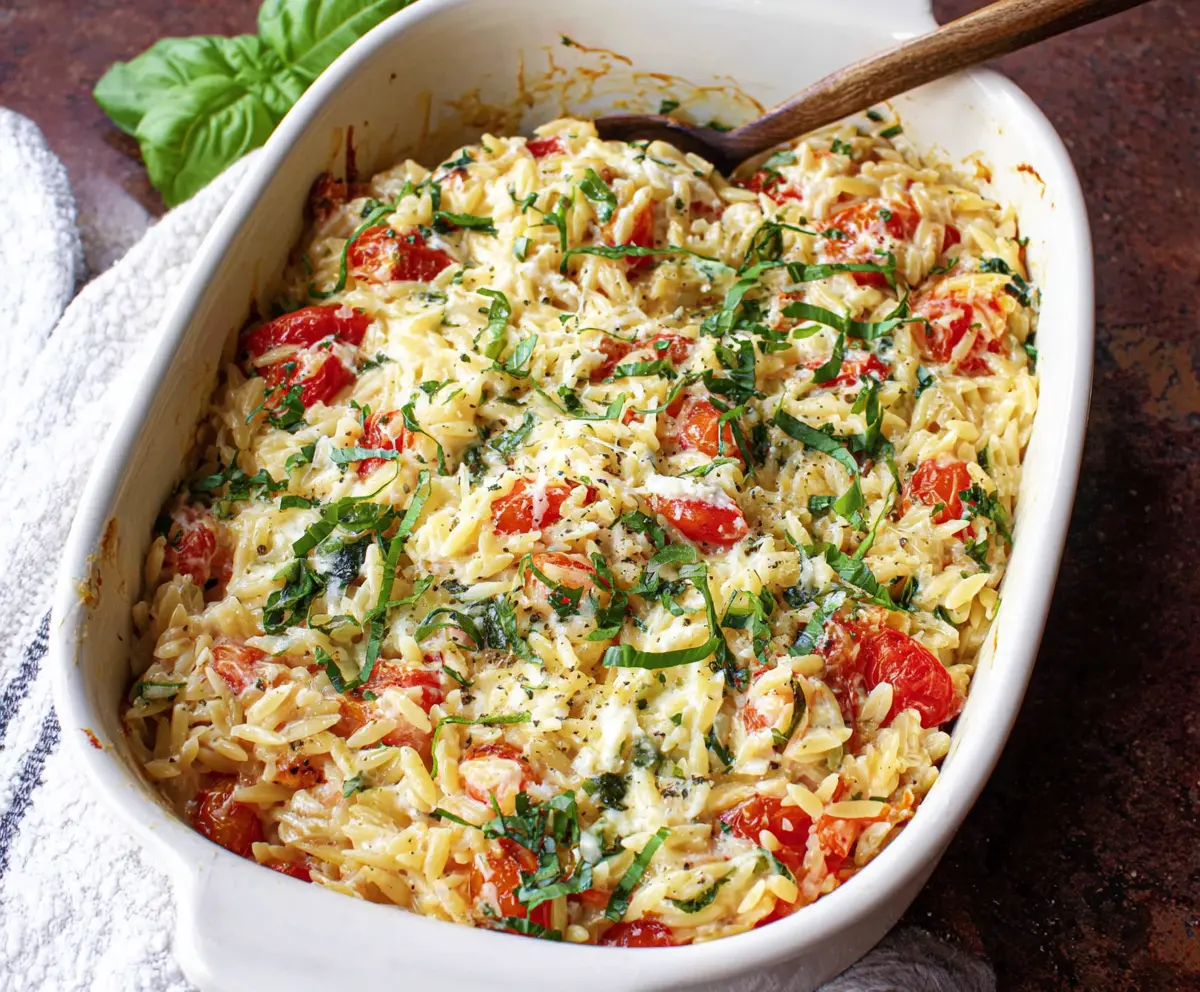 Delicious Boursin Orzo Bake in a baking dish topped with melted cheese and fresh herbs.