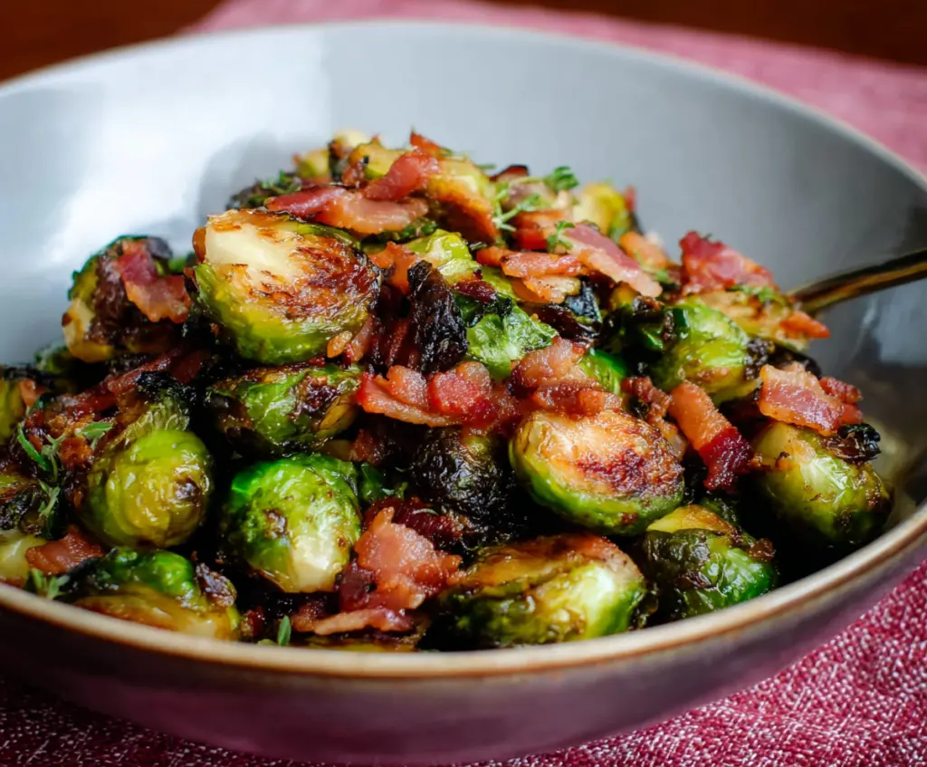 Delicious Brussels sprouts with crispy bacon served on a white plate.