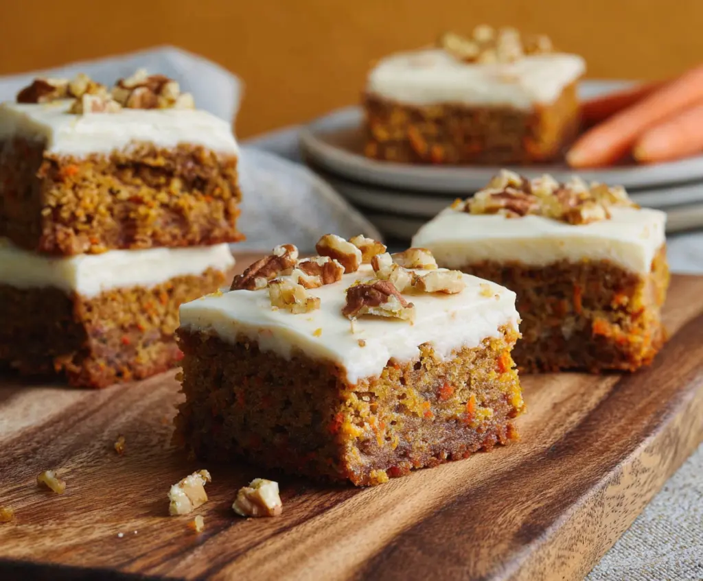 Delicious carrot cake bars topped with creamy cream cheese frosting, perfect for dessert or snack.