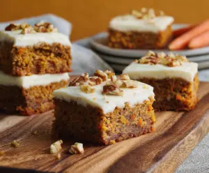 Delicious carrot cake bars topped with creamy cream cheese frosting, perfect for dessert or snack.