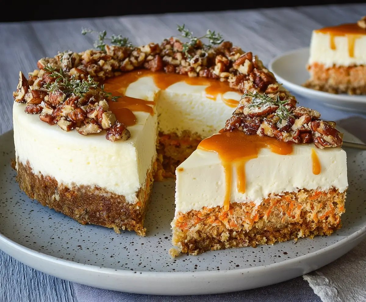 Delicious carrot cake cheesecake with creamy frosting and grated carrots on top.