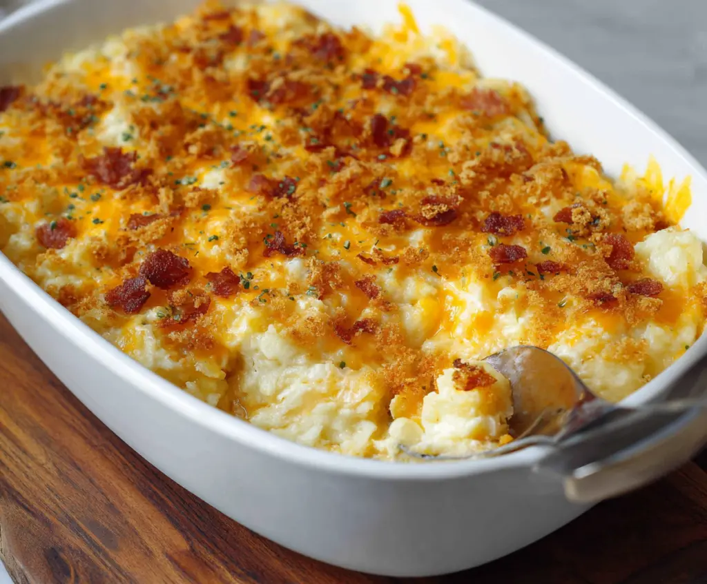 Delicious cheesy baked potato casserole topped with melted cheese and herbs.