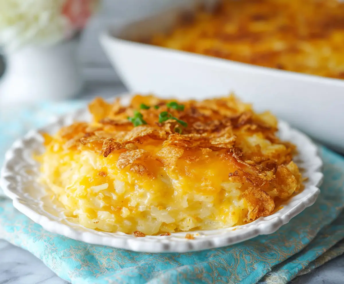 Delicious Cheesy Hashbrown Casserole in a baking dish, topped with melted cheese and crispy edges.