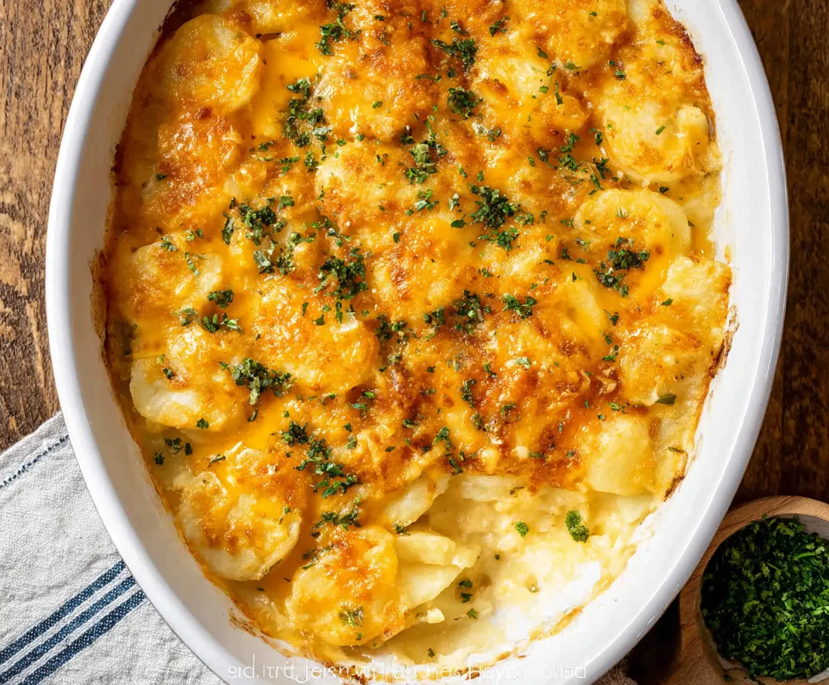 Delicious cheesy potato casserole topped with melted cheese and herbs, perfect for a hearty meal.