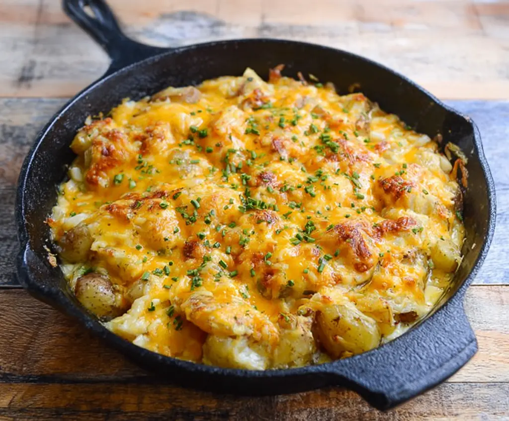 Delicious cheesy potato skillet topped with melted cheese and herbs, perfect for a hearty meal.