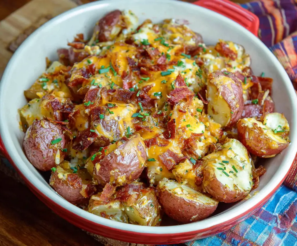 Delicious cheesy red potatoes served as a savory side dish with melted cheese and fresh herbs.