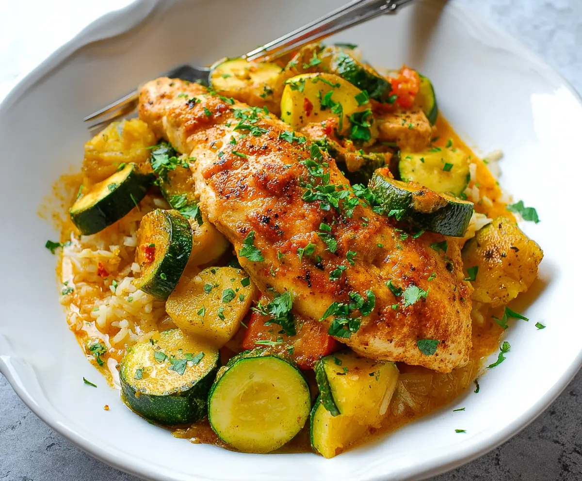 Delicious baked chicken breast served with fresh zucchini and yellow squash for a healthy meal.
