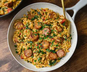 Delicious Chicken Sausage Orzo Skillet served with fresh herbs and vegetables