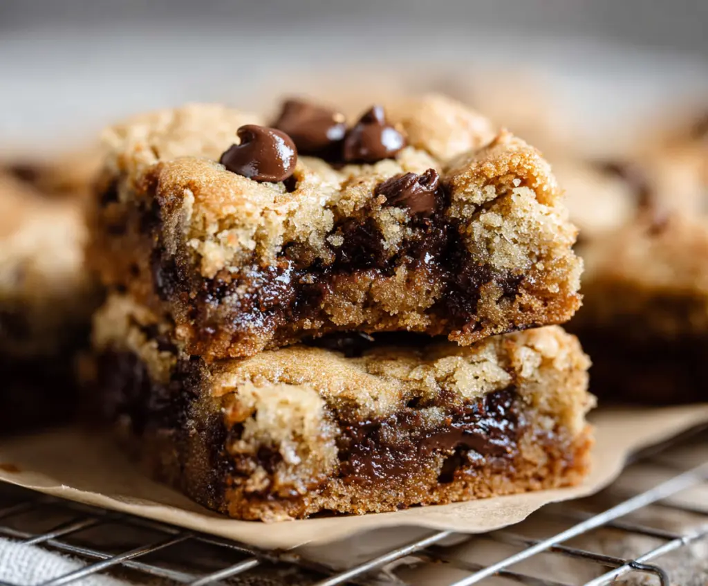 Delicious chocolate chip sourdough cookie bars sliced and ready to enjoy